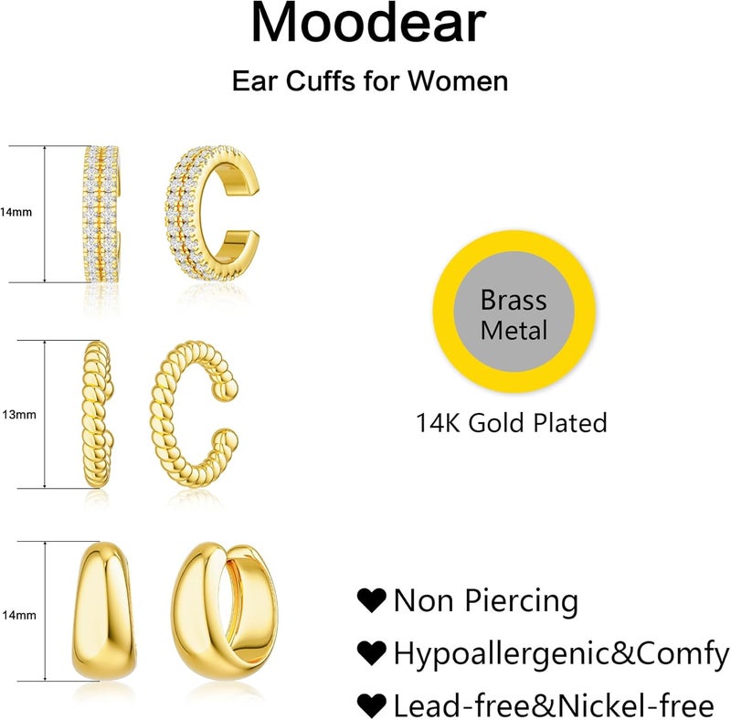 Moodear 3PCS Ear Cuffs Non Piercing Earrings for Women - Chunky & Thin 14K Gold Plated Clip On Earrings Cartilage Cuff Set, Stackable Helix Conch Fake Piercing Jewelry - Image 5